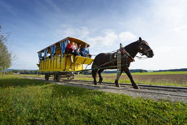 Eine Pferdekutsche fährt mit Passagieren auf einer Schiene durch eine ländliche Gegend.