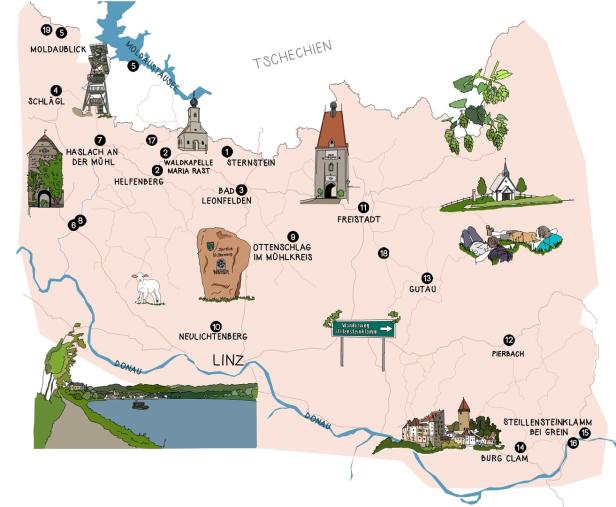 Eine illustrierte Karte des Mühlviertels in Österreich mit verschiedenen Sehenswürdigkeiten.