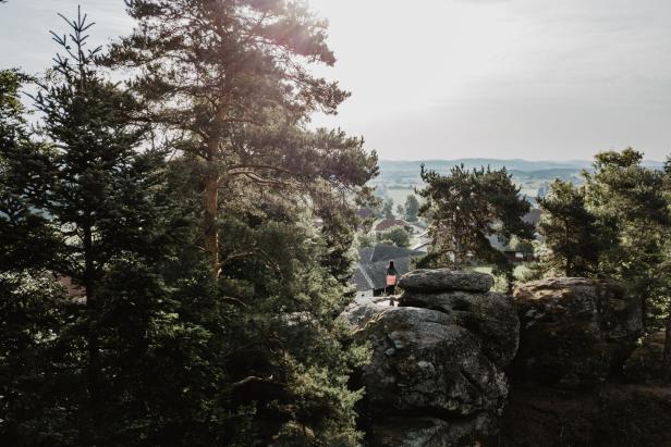 Eine Frau steht auf einem Felsen und blickt auf eine Landschaft mit Bäumen und Häusern.