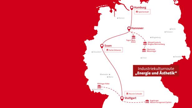 Eine Karte von Deutschland, die die Route „Industriekulturroute – Energie und Ästhetik“ zeigt.