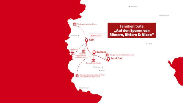 Eine Karte der Familienroute „Auf den Spuren von Römern, Rittern & Nixen“ in Deutschland.