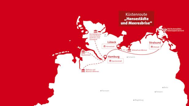 Eine Karte der Küstenroute „Hansestädte und Meeresbrise“ mit Hamburg, Lübeck und Stralsund.
