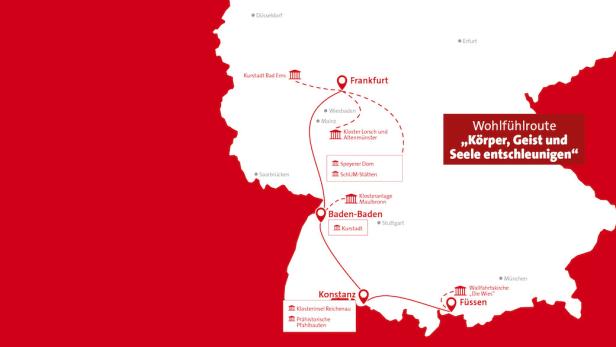 Eine Karte von Süddeutschland, die eine Reiseroute von Frankfurt nach Füssen zeigt.