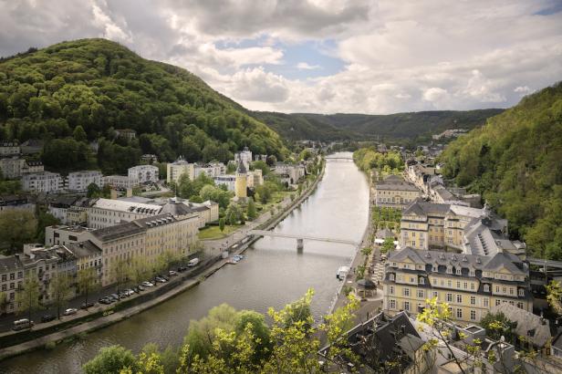 Bad Ems: Panorama auf Kurstadt Bad Ems und der Lahn, UNESCO Weltkulturerbe.