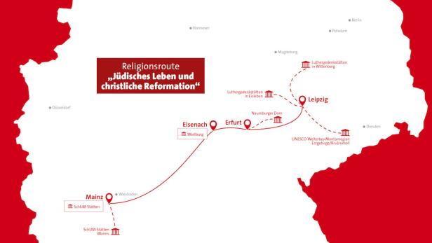 Eine Karte der Religionsroute „Jüdisches Leben und christliche Reformation“ in Deutschland.