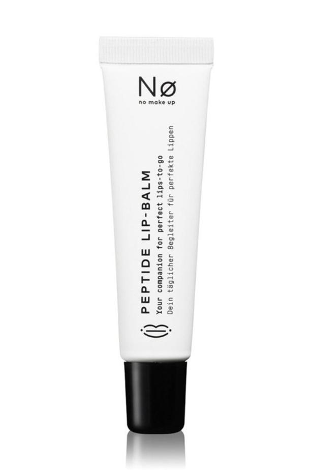 Ein weißer Lippenbalsam von NØ no make up mit der Aufschrift „Peptide Lip Balm“.