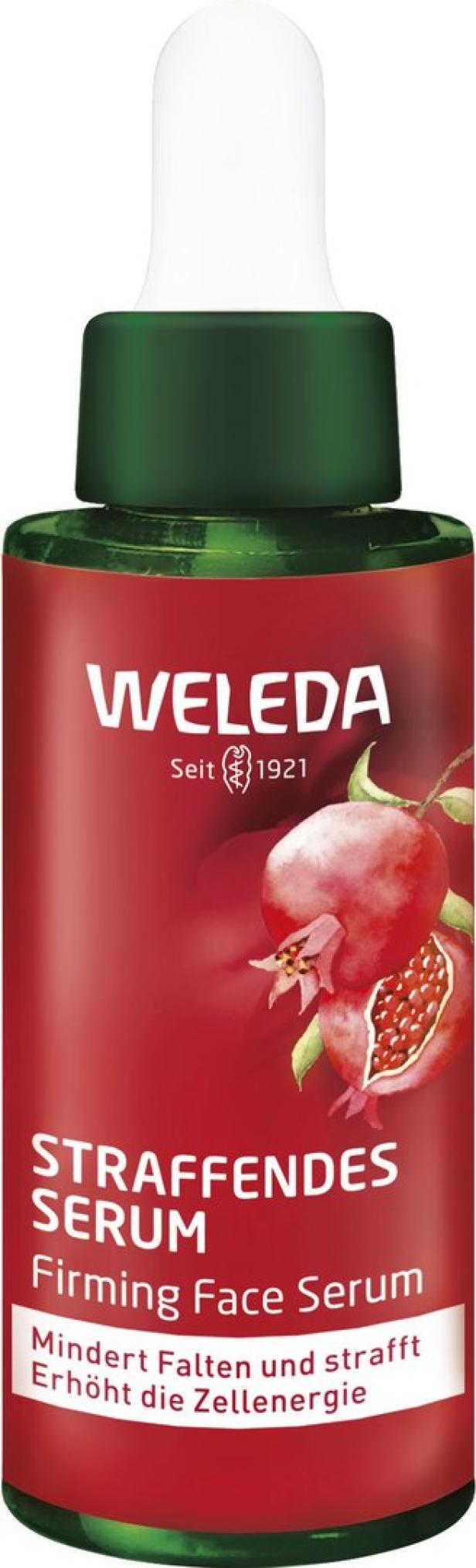 Eine Flasche Weleda Straffendes Serum mit Granatapfel-Motiv.
