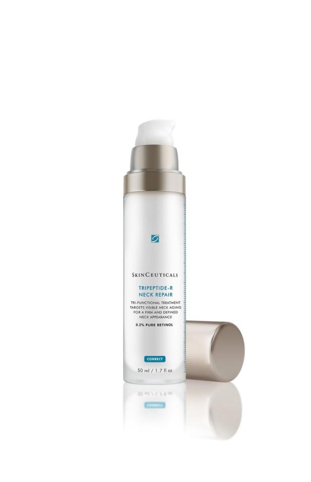 Eine Flasche SkinCeuticals Tripeptide-R Neck Repair Creme mit geöffnetem Deckel.