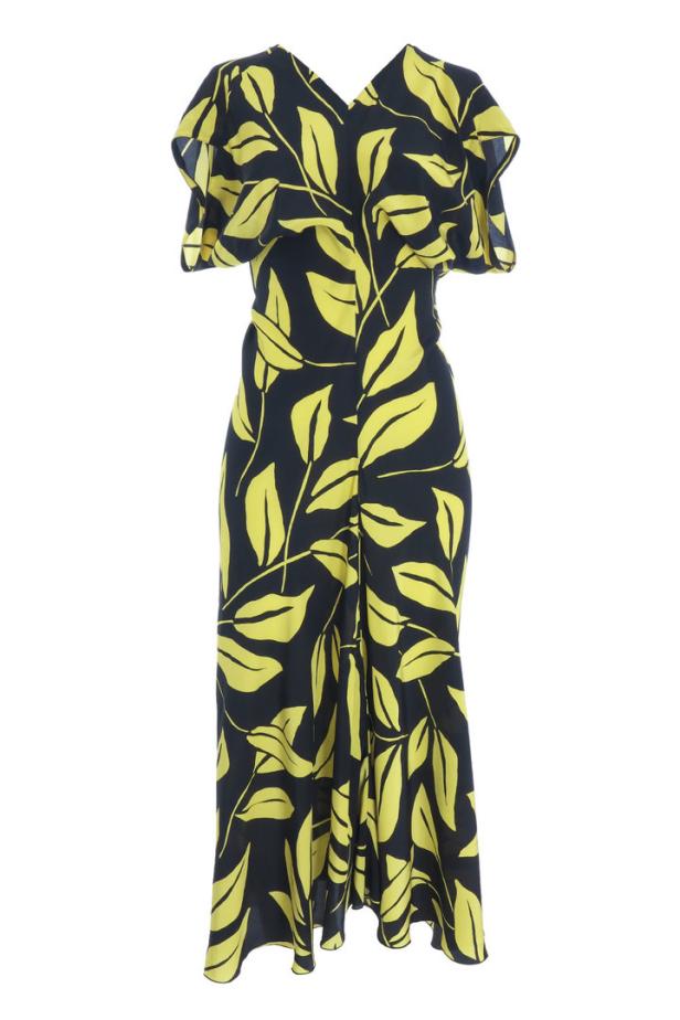 Ein ärmelloses, dunkelblaues Kleid mit gelbem Blattmuster.