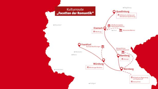 Eine Karte der Kulturroute „Facetten der Romantik“ mit Stationen in Quedlinburg, Eisenach, Frankfurt, Würzburg, Bamberg und Nürnberg.