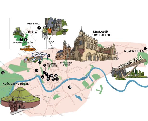 Eine illustrierte Karte von Krakau mit Sehenswürdigkeiten wie dem Nationalpark Ojców und Nowa Huta.