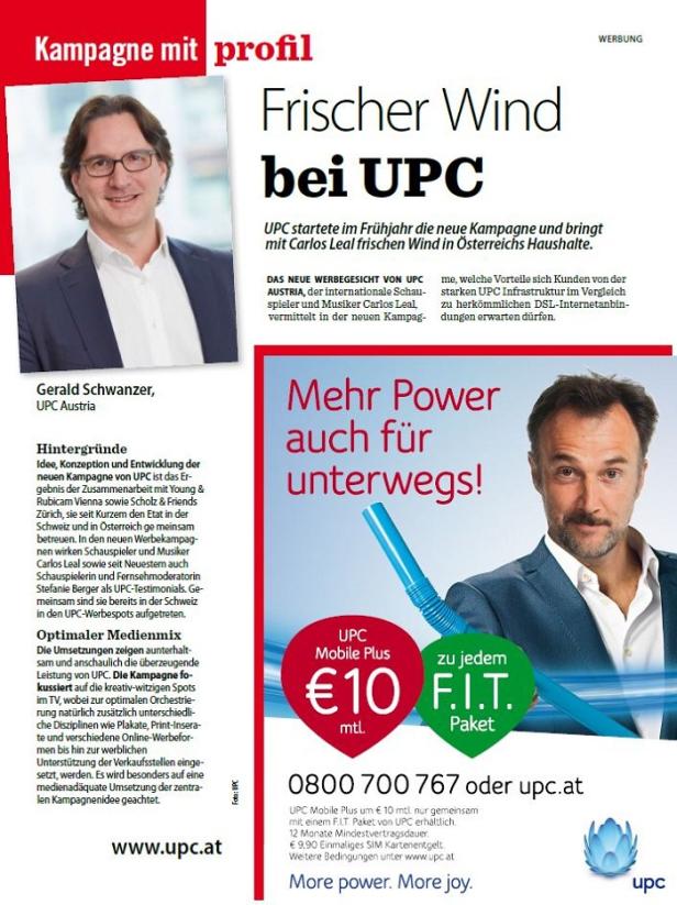 Eine Werbeanzeige von UPC mit dem Slogan „Mehr Power auch für unterwegs!“.