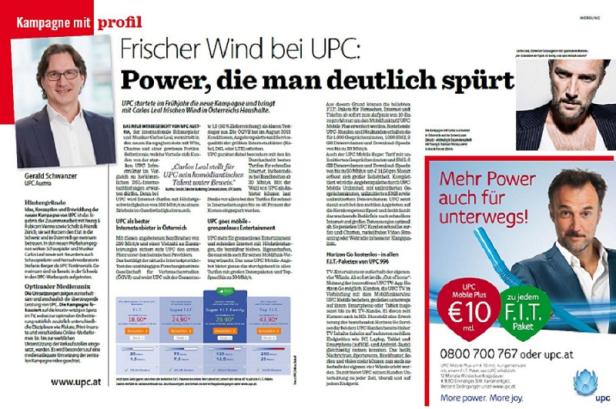 Eine UPC-Werbung mit dem Slogan „Mehr Power auch für unterwegs!“.