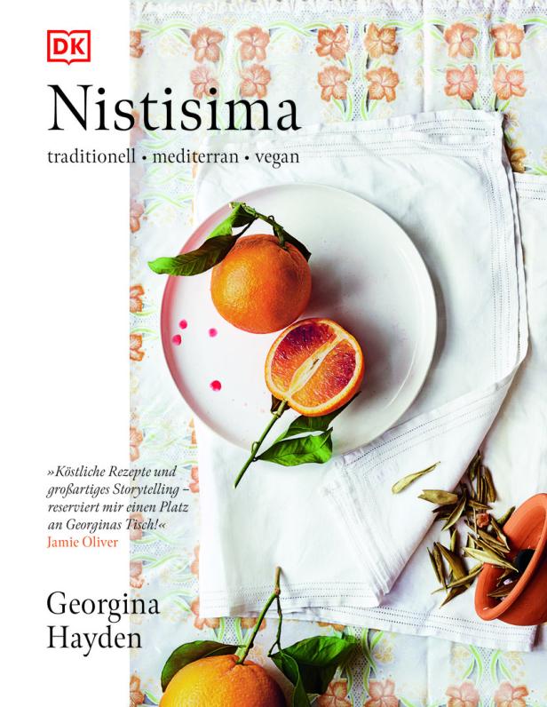 Das Cover des Kochbuchs „Nistisima“ von Georgina Hayden mit Zitrusfrüchten auf einem Teller.