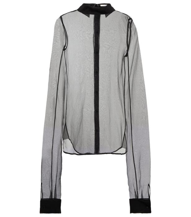 Eine transparente, langärmlige Bluse mit schwarzen Akzenten an Kragen, Knopfleiste und Manschetten.