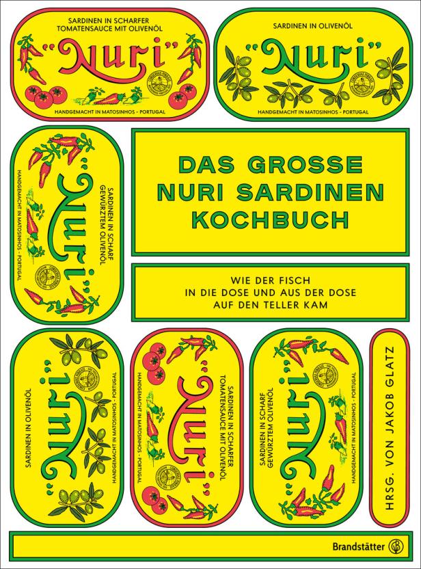 Illustration von „Nuri“-Sardinenetiketten und einem Kochbuch.