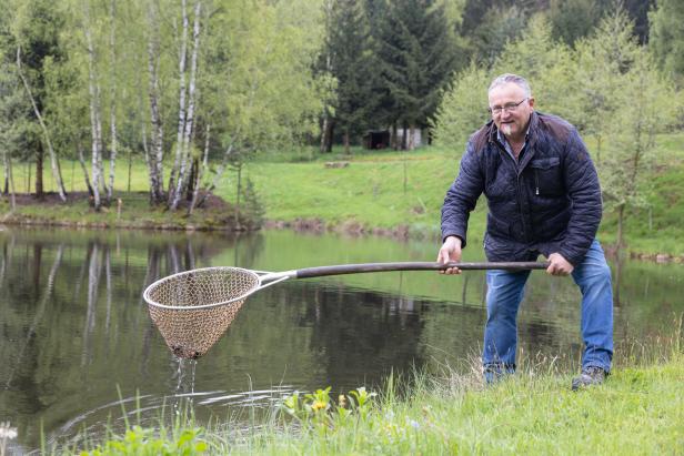 Ein Mann steht am Ufer eines Sees und hält einen Kescher ins Wasser.