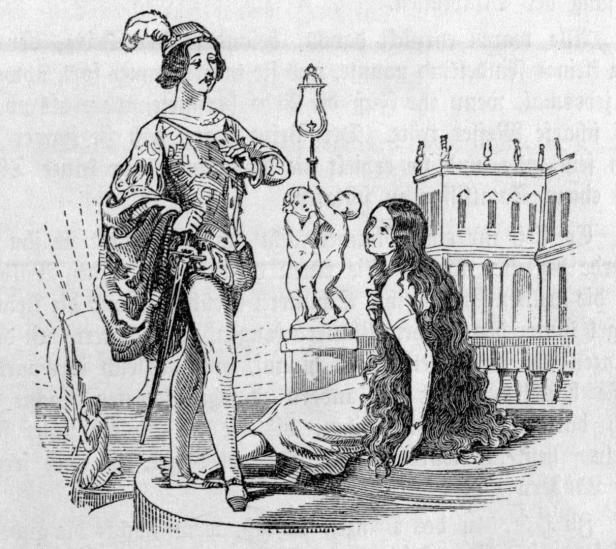 Ein Mann im Renaissance-Kostüm steht vor einer Frau mit langem Haar und einer Statue von Putten.