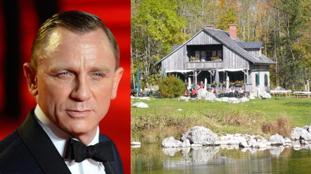 Auch Daniel Craig wird am Jagdhaus Seewiese drehen Ein Porträt von Daniel Craig vor einem Gasthof am See.