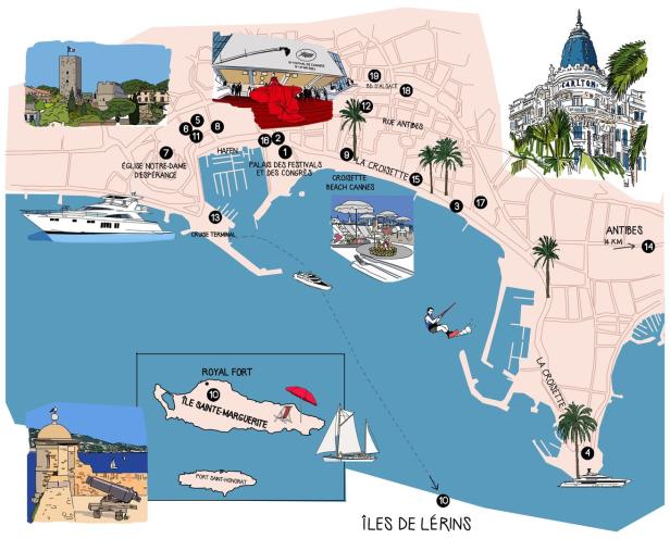 Eine illustrierte Karte von Cannes mit Sehenswürdigkeiten und der Küstenlinie.