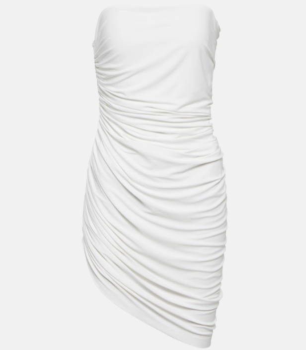 Ein weißes, trägerloses Minikleid namens „Diana“.