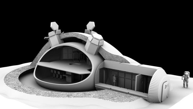 Ein Querschnitt einer Mondbasis mit zwei Etagen und einem Astronauten davor.