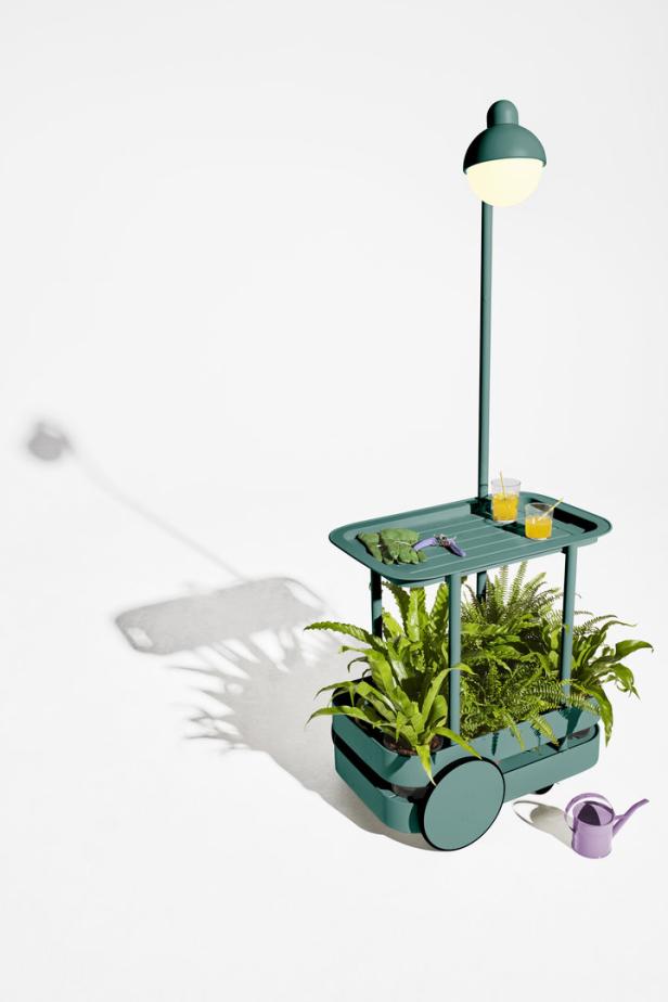Ein grüner Servierwagen mit Pflanzen, Getränken und einer Lampe steht auf einem weißen Hintergrund.