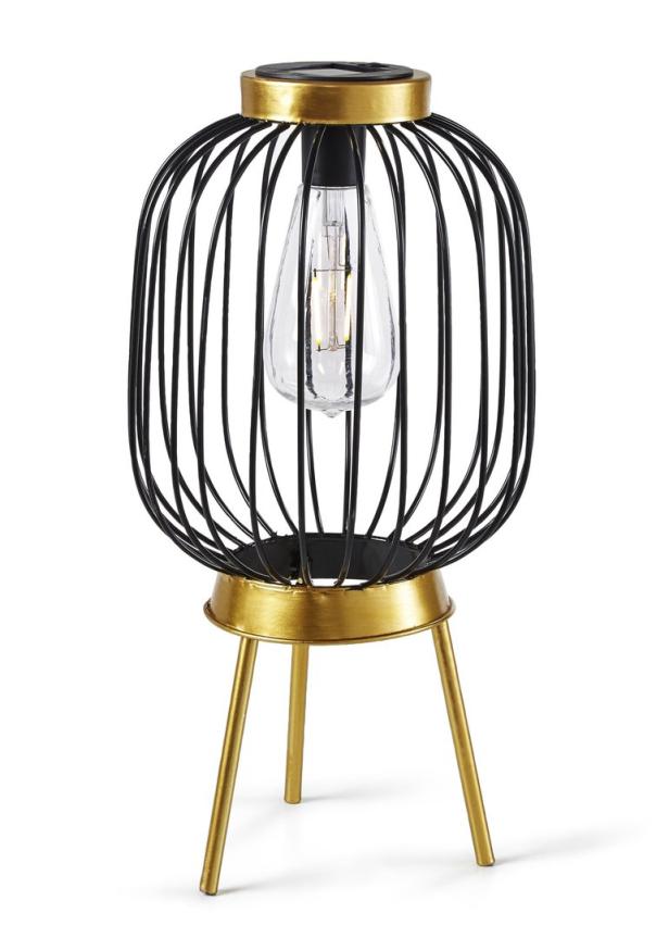 Eine dekorative Tischleuchte mit einem schwarzen Metallkäfig und goldenen Akzenten.