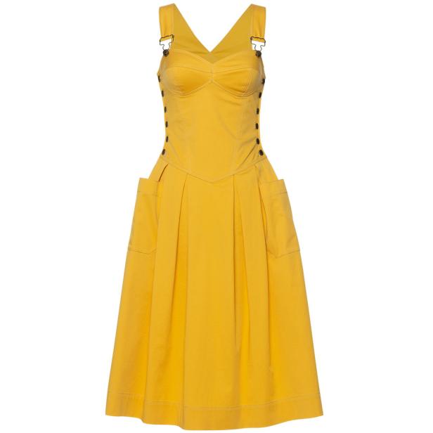 Ein gelbes Kleid mit Trägern, Knöpfen und Taschen.
