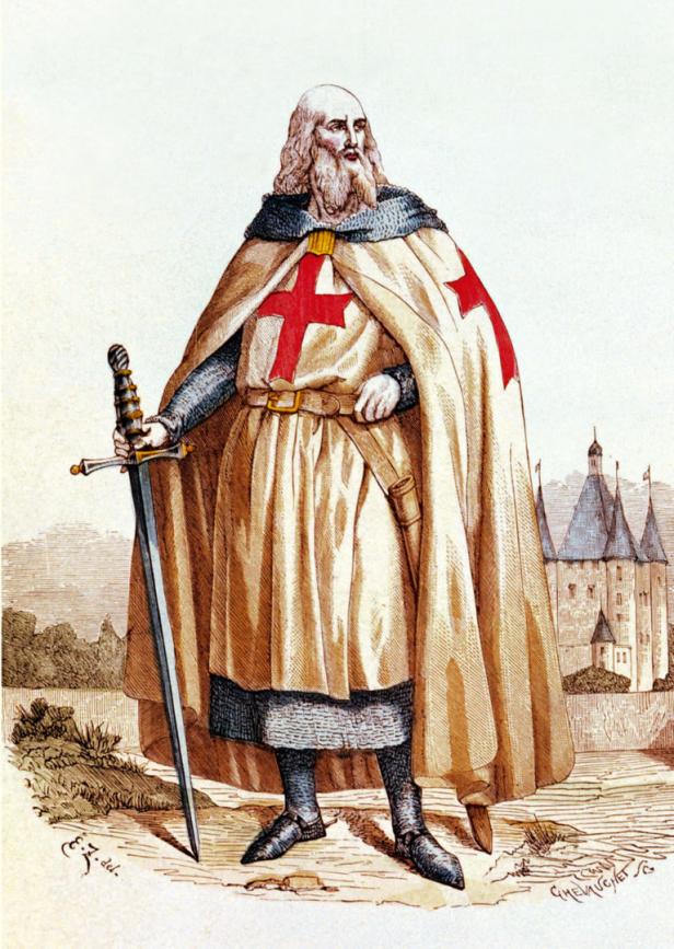 Ein Ritter des Templerordens mit Schwert und Umhang mit rotem Kreuz vor einer Burg.