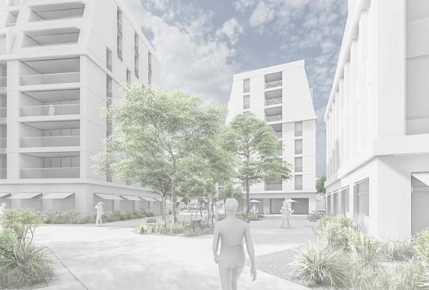 Eine Visualisierung eines Wohngebiets mit modernen, weißen Gebäuden und begrünten Freiflächen.