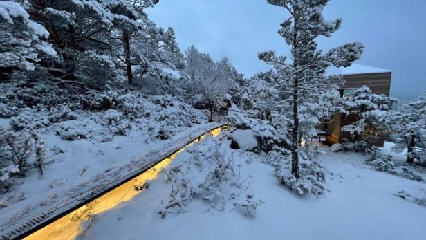 Eine schneebedeckte Brücke führt zu einer Holzhütte im Wald.
