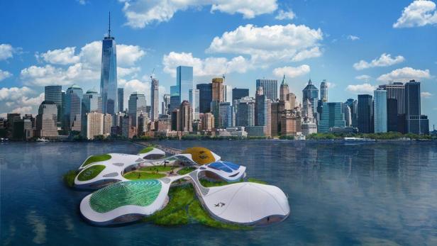 Ein futuristischer Campus schwimmt im Hudson River vor der Skyline von New York.