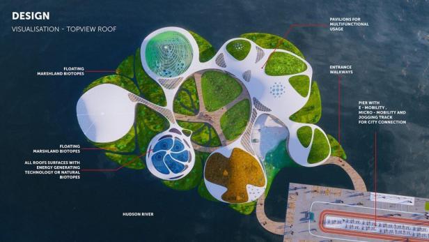 Eine Visualisierung des „WethePlanet Campus“ mit Pavillons auf dem Hudson River.