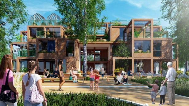 Eine moderne Wohnanlage mit begrünten Dächern und Menschen im Außenbereich.