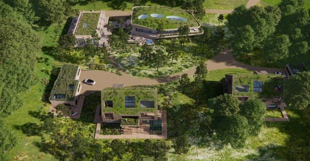 Luftaufnahme von Villen mit Gründächern in einer grünen Landschaft.