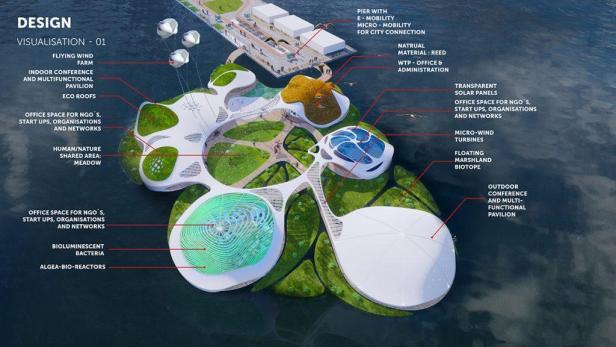 Eine Visualisierung des „We The Planet Campus“ mit Büroflächen, Konferenzbereichen und Algen-Bioreaktoren.