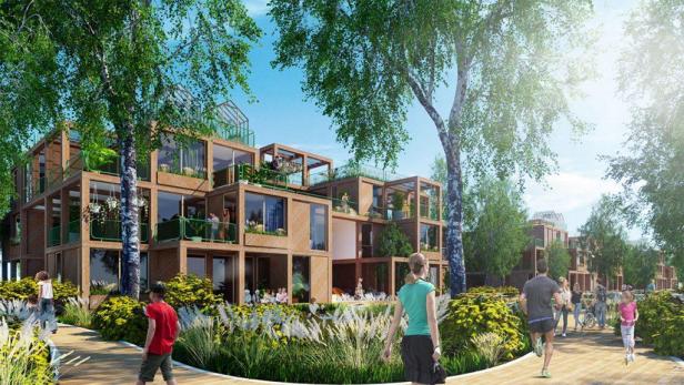 Ein modernes Wohngebäude mit begrünten Terrassen und Menschen im Außenbereich.