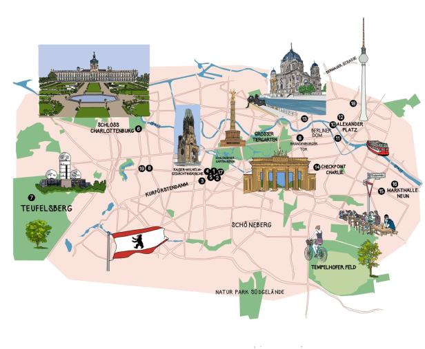 Eine illustrierte Karte von Berlin mit Sehenswürdigkeiten und Tipps für 2023.