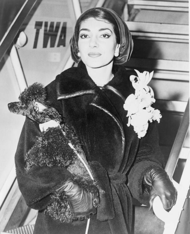 Maria Callas mit einem Pudel auf einer Flugzeugtreppe.