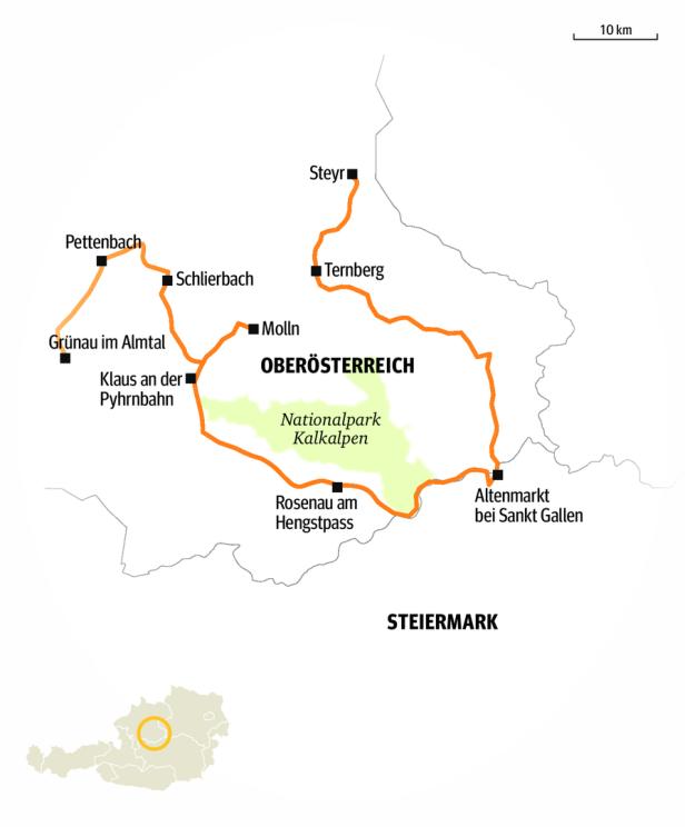 Eine Karte von Oberösterreich und der Steiermark mit eingezeichneten Städten und dem Nationalpark Kalkalpen.