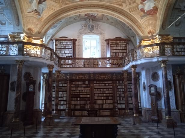 Innenansicht einer historischen Bibliothek mit hohen Bücherregalen und kunstvoller Deckenmalerei.