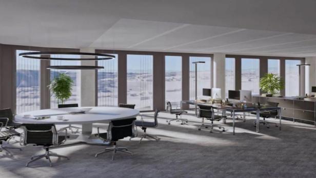 Ein modernes Büro mit einem runden Tisch und Arbeitsplätzen vor großen Fenstern.