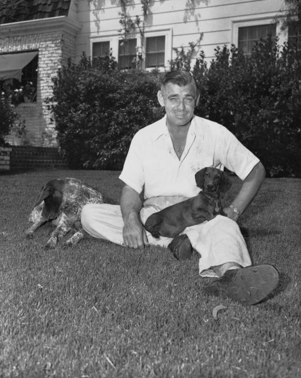 Clark Gable sitzt mit zwei Hunden auf einer Wiese vor einem Haus.