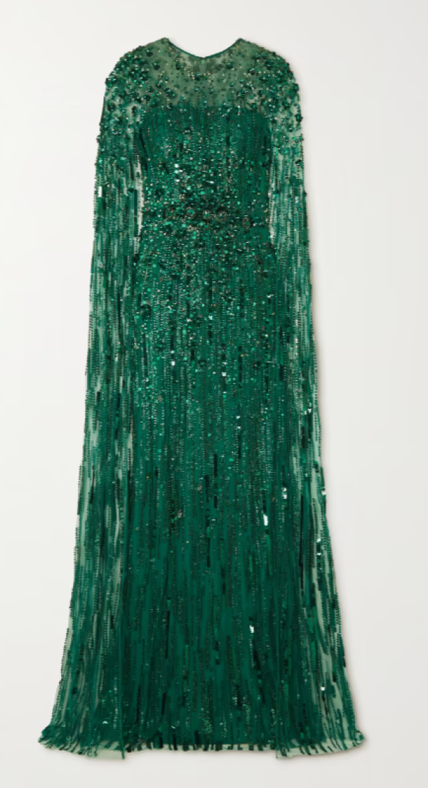 Ein smaragdgrünes, paillettenbesetztes Kleid von Jenny Packham.