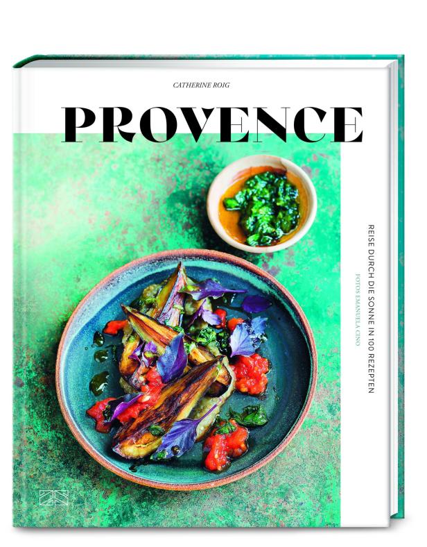 Das Cover des Kochbuchs „Provence“ von Catherine Roig mit einem Teller Gemüse und Pesto.