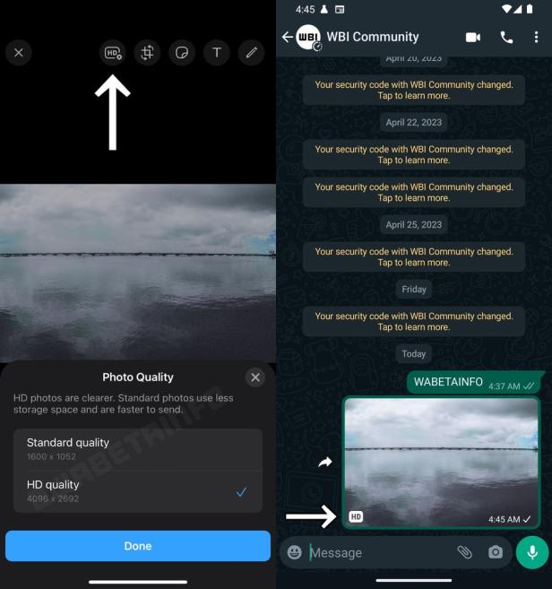 Ein Screenshot von WhatsApp, der die Option zum Senden von Fotos in HD-Qualität zeigt.