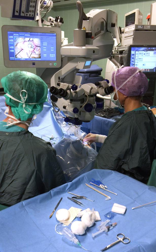 Zwei Chirurgen führen eine Operation mit Hilfe eines Mikroskops und medizinischer Geräte durch.