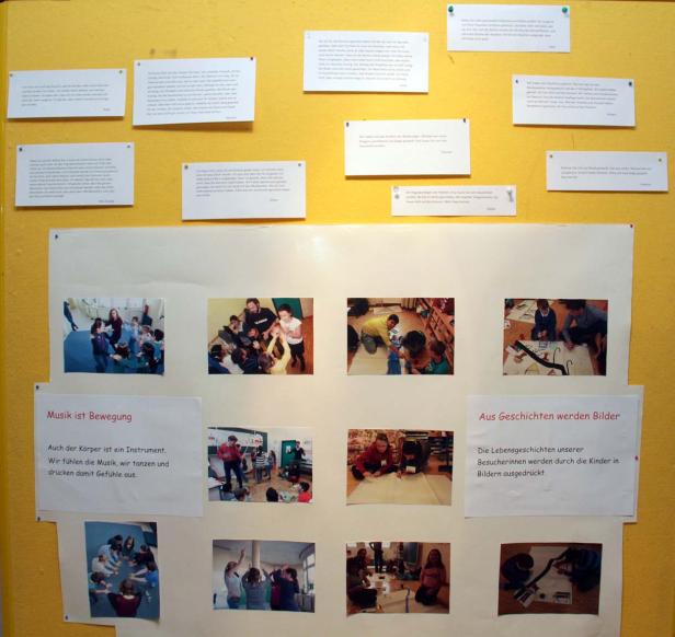 Eine gelbe Pinnwand mit Fotos und Texten über Kinderaktivitäten.