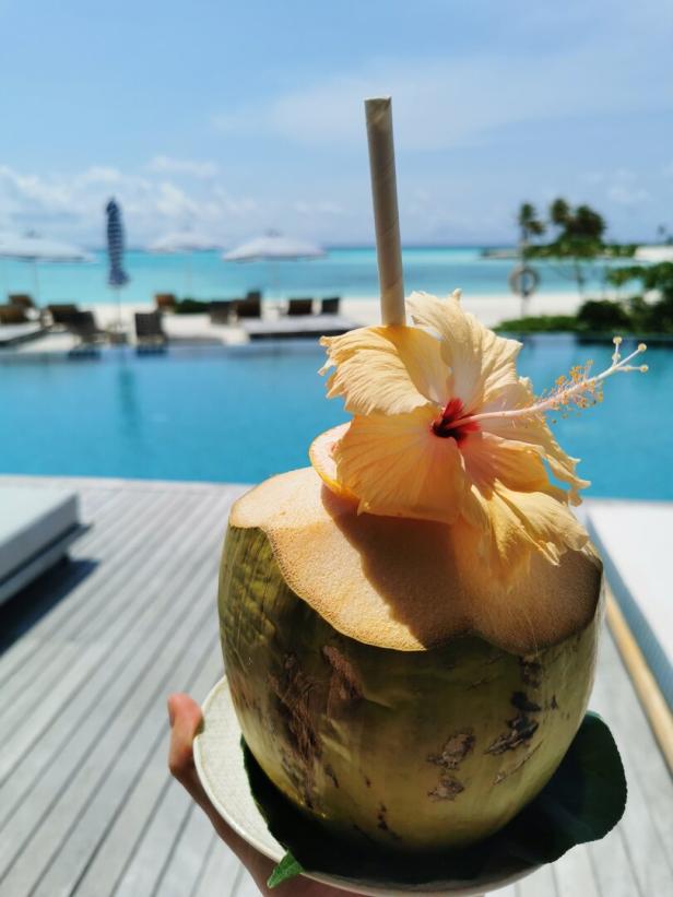 Pool und Strand auf den Malediven, Cocktail mit Blume